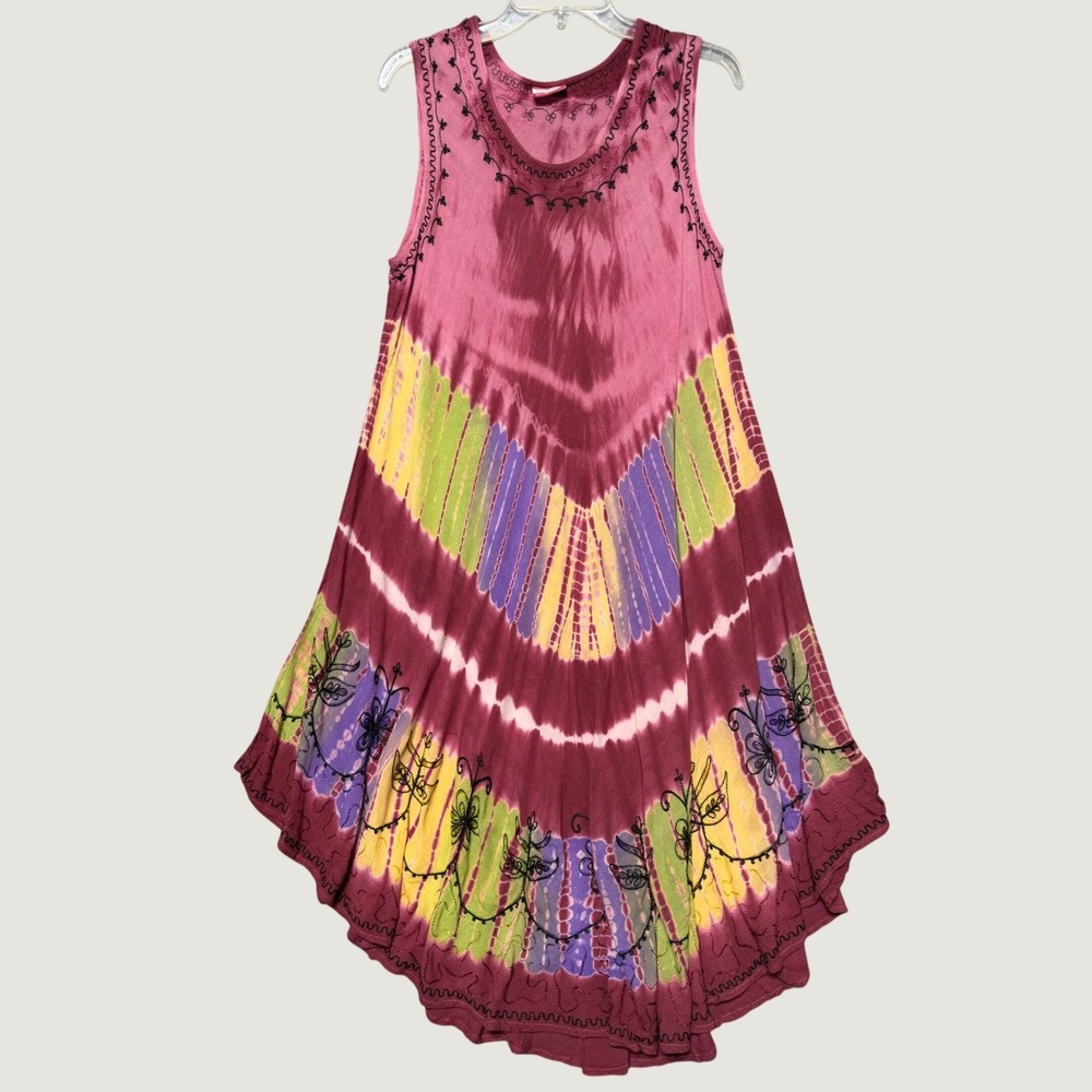 Blossom Womens Tie Dye Embroidered Boho Midi Dress Multicolor Sleeveless‎ OSFM